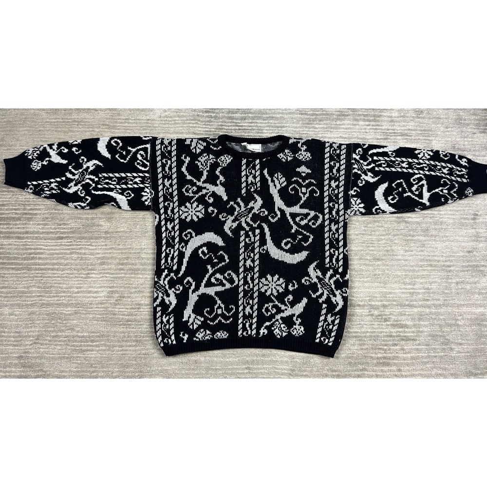 Knit Maven Sweater Womens L Black Geometric Longsleeve Acrylic Made in USA 90s